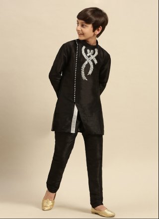 Black Dupion Silk Angrakha Kids Wear with