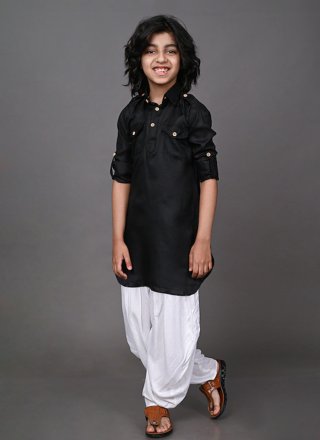 Black Dupion Silk Plain Work Kurta Pyjama for Festival