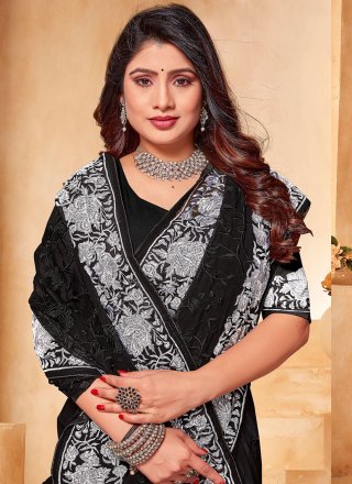 Black Embroidered and Resham Work Georgette Classic Sari
