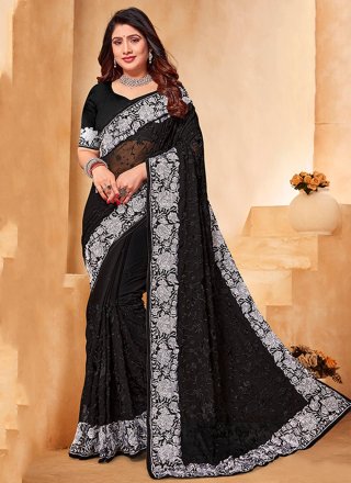Black Embroidered and Resham Work Georgette Classic Sari