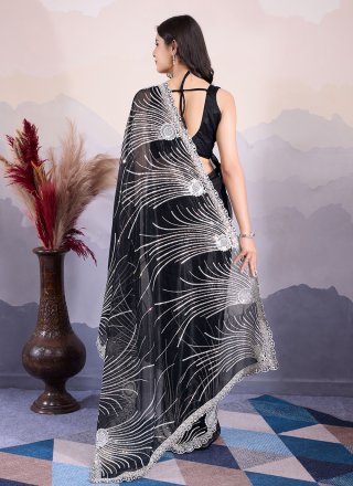 Black Embroidered and Sequins Work Net Classic Saree