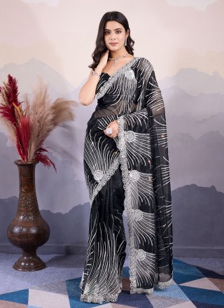 Black Embroidered and Sequins Work Net Classic Saree