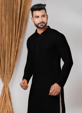 Black Embroidered and Sequins Work Rayon Kurta Mens Wear