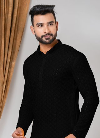 Black Embroidered and Sequins Work Rayon Kurta Mens Wear