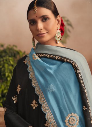 Black Embroidered and Sequins Work Silk Salwar Suit