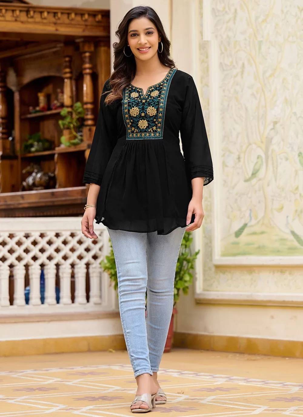 Black Embroidered Work Georgette Party Wear Kurti Buy Online Kurtis