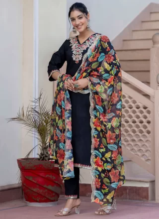 Black Embroidered Work Silk Blend Readymade Salwar Suit