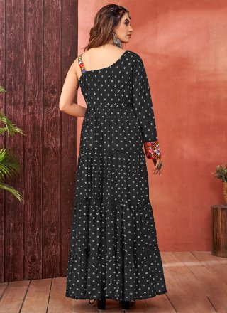 Black Faux Georgette Designer Gown with Fancy, Mirror and Print Work