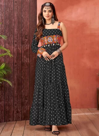 Black Faux Georgette Designer Gown with Fancy, Mirror and Print Work