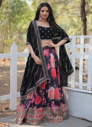 Black Faux Georgette Digital Print, Embroidered, Sequins and Thread Work Lehenga Choli