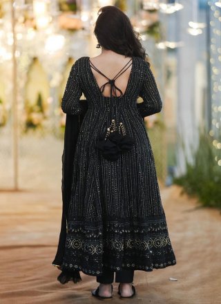 Black Faux Georgette Embroidered and Sequins Work Gown for Women