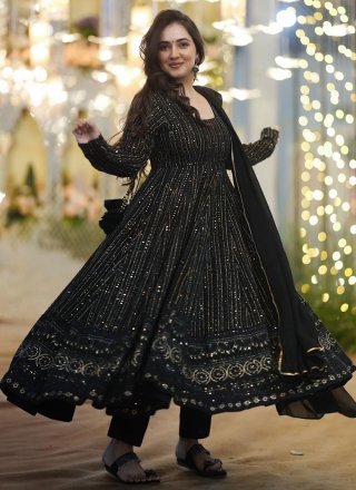 Black Faux Georgette Embroidered and Sequins Work Gown for Women