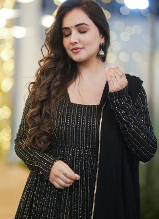 Black Faux Georgette Embroidered and Sequins Work Gown for Women