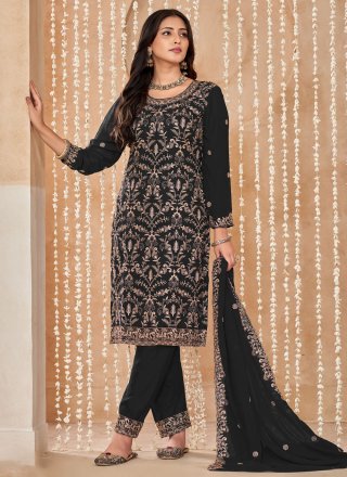 Black Faux Georgette Embroidered Work Salwar Suit for Ceremonial