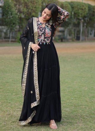 Black Faux Georgette Floral Patch Work Gown for Ceremonial