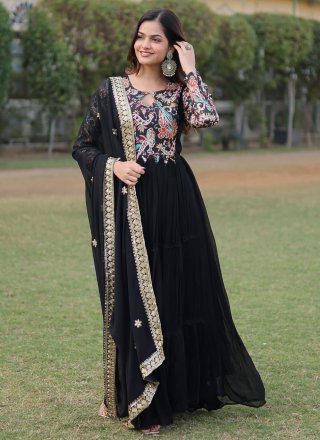 Black Faux Georgette Floral Patch Work Gown for Ceremonial