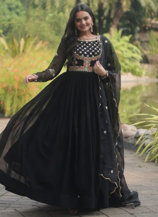 Black Faux Georgette Indian Gown with Embroidered and Sequins Work