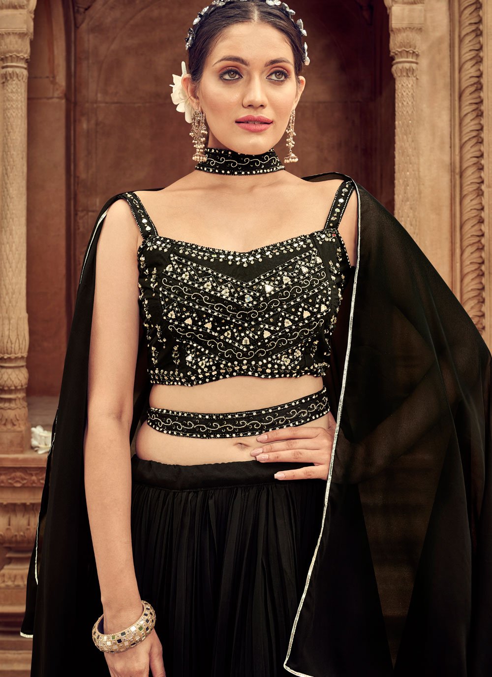 Black Lehenga Choli Choker For Lehenga Black Faux Georgette - Main Image