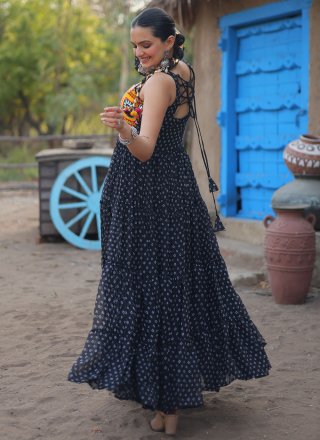 Black Faux Georgette Mirror, Patch Border and Print Work  Designer Gown for Women