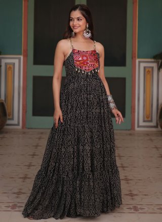 Black Faux Georgette Patch Border and Print Work  Designer Gown for Women