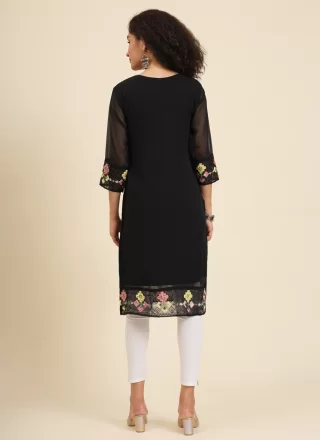 Black Georgette Chikankari, Embroidered and Lucknowi Work Work Casual Kurti