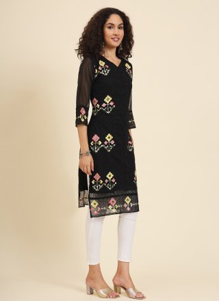 Black Georgette Chikankari, Embroidered and Lucknowi Work Work Casual Kurti