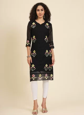 Black Georgette Chikankari, Embroidered and Lucknowi Work Work Casual Kurti