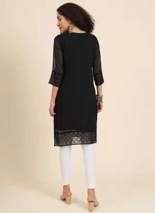 Black Georgette Chikankari, Embroidered and Lucknowi Work Work Casual Kurti for Casual