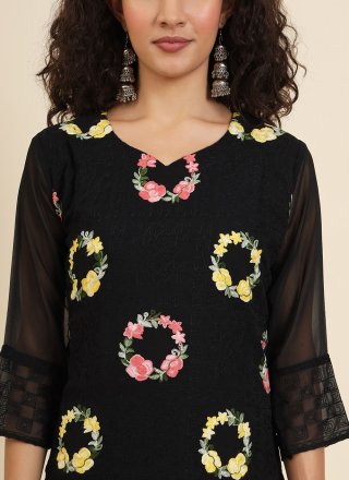 Black Georgette Chikankari, Embroidered and Lucknowi Work Work Casual Kurti for Casual
