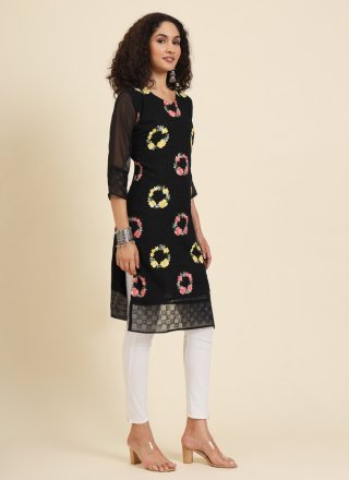 Black Georgette Chikankari, Embroidered and Lucknowi Work Work Casual Kurti for Casual