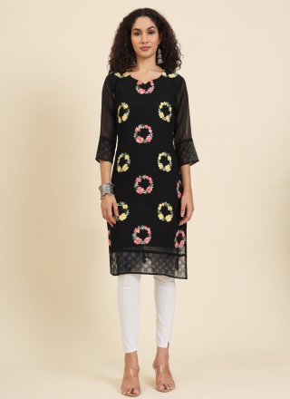 Black Georgette Chikankari, Embroidered and Lucknowi Work Work Casual Kurti for Casual