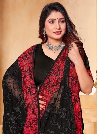 Black Georgette Classic Saree with Embroidered and Resham Work