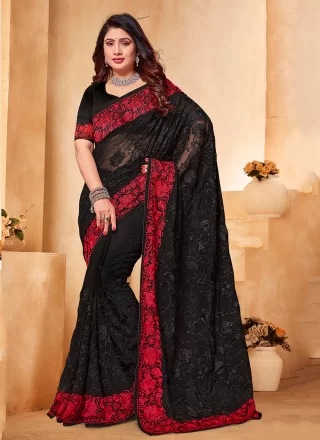 Black Georgette Classic Saree with Embroidered and Resham Work
