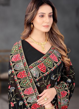 Black Georgette Classic Saree with Embroidered, Mirror, Sequins and Zari Work for Women