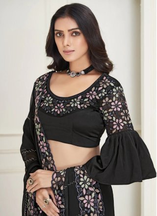 Black Georgette Classic Sari with Patch Border and Stone Work