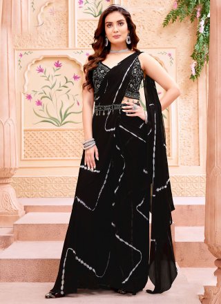 Black Georgette Contemporary Saree with Embroidered Work for Ceremonial