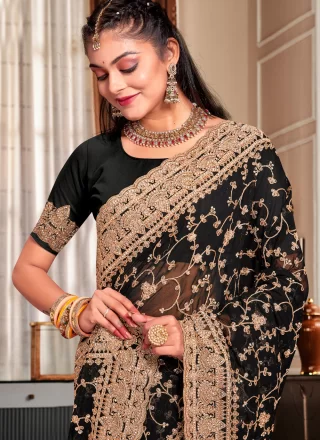 Black Georgette Contemporary Sari with Cord, Diamond and Embroidered Work