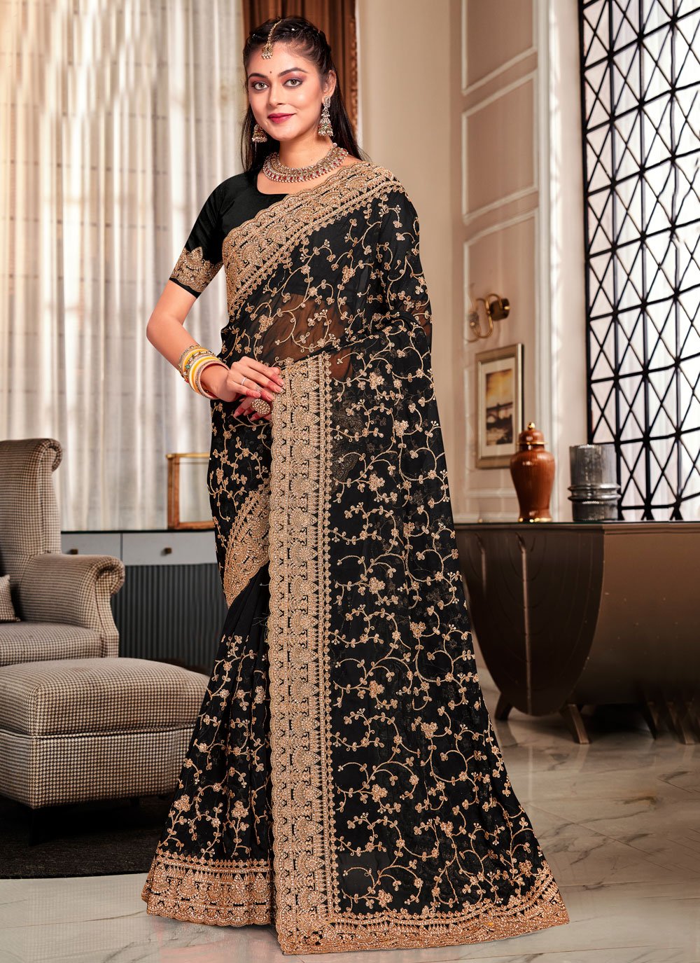 Black Chiffon Saree with Blue Jewelled Crystal Belt – Talking Threads