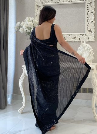 Black Georgette Contemporary Sari with Embroidered and Sequins Work for Women