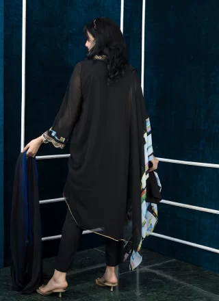 Black Georgette Digital Print Work Pant Style Suit for Ceremonial