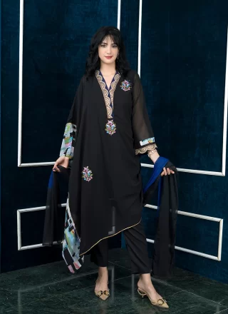 Black Georgette Digital Print Work Pant Style Suit for Ceremonial