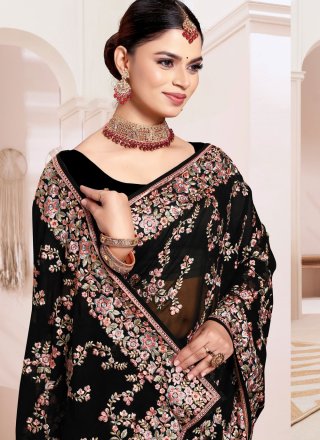 Black Georgette Embroidered and Resham Work Classic Sari