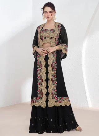 Black Georgette Embroidered and Sequins Work Jacket Style Suit for Women