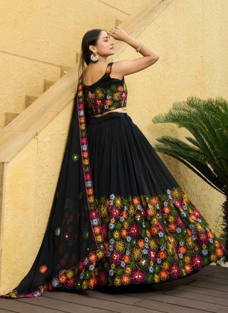 Black Georgette Embroidered and Thread Work A - Line Lehenga Choli for Casual
