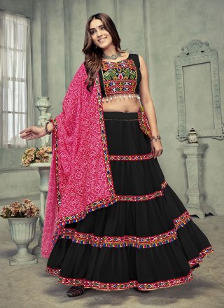 Black Georgette Embroidered, Mirror and Thread Work A - Line Lehenga Choli