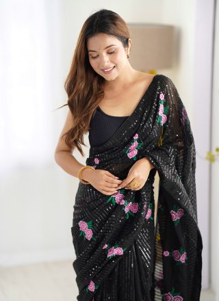 Black Georgette Embroidered, Sequins and Thread Work Classic Sari
