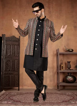 Black Georgette Indo Western with Embroidered and Resham Thread Work for Men