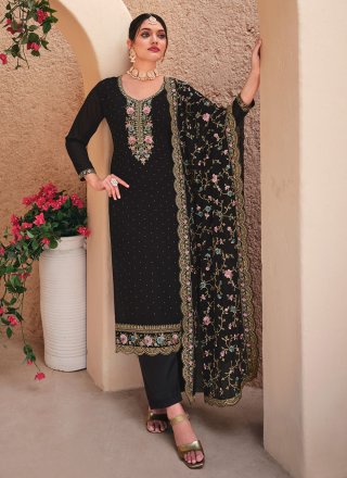 Pant Suits : Black georgette heavy embroidery work pant salwar
