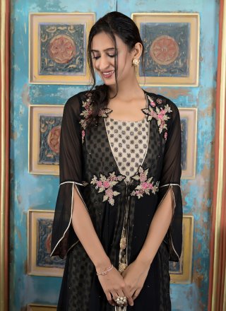 Black Georgette Pant Style Suit with Gota and Hand Work
