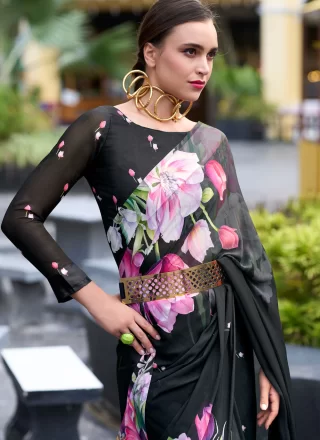 Black Georgette Print Work Classic Saree for Casual